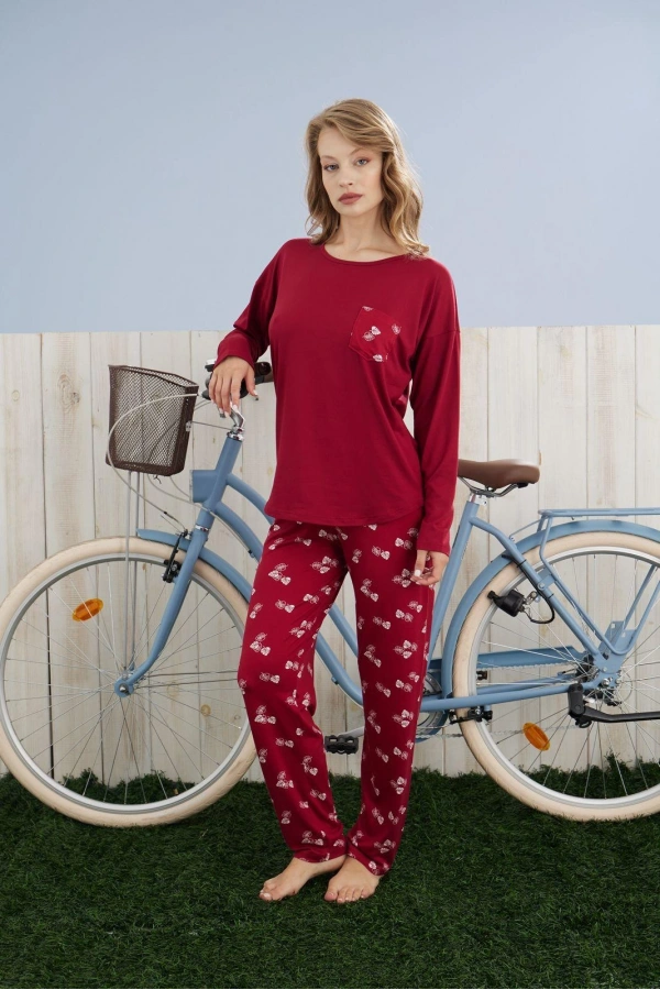 Pijamoni Kadın Milan Kumaş Bisiklet Yaka Pijama Takımı - Bordo