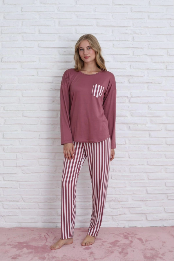 Pijamoni Kadın Milan Kumaş Bisiklet Yaka Pijama Takımı - Gül Kurusu