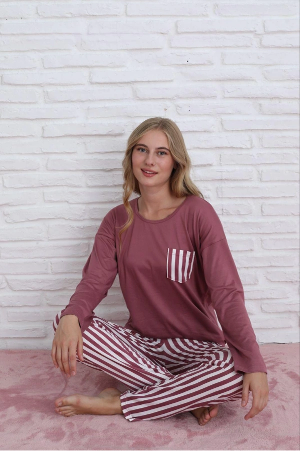 Pijamoni Kadın Milan Kumaş Bisiklet Yaka Pijama Takımı - Gül Kurusu