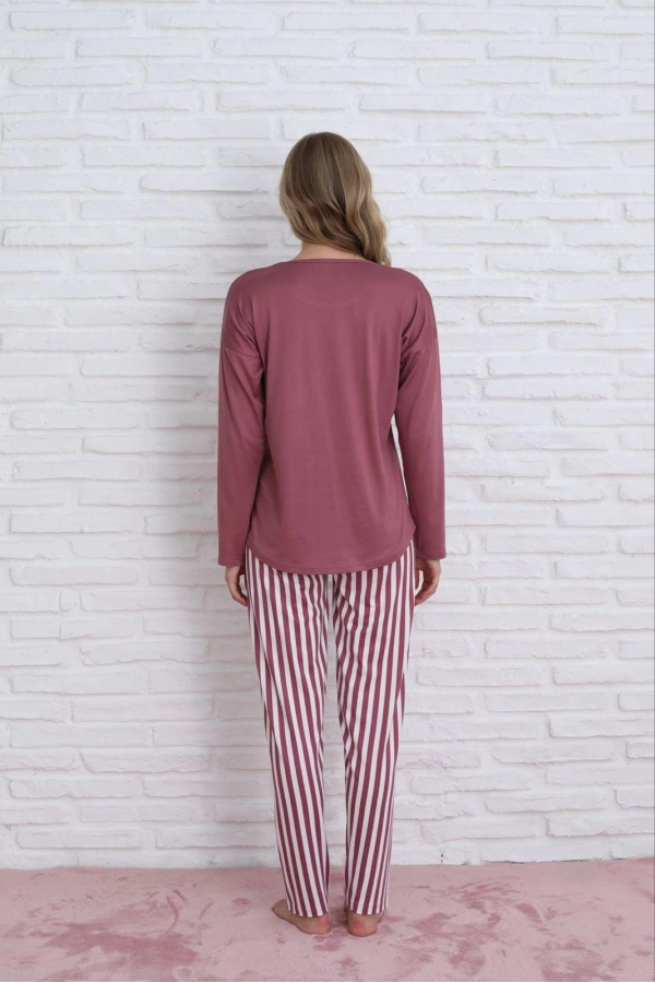 Pijamoni Kadın Milan Kumaş Bisiklet Yaka Pijama Takımı - Gül Kurusu