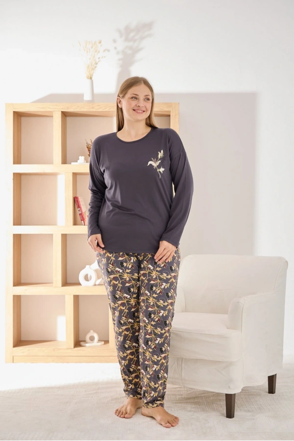 Pijamoni Kadın Büyük Beden Şık Sofia Kumaş Pijama Takımı - Antrasit