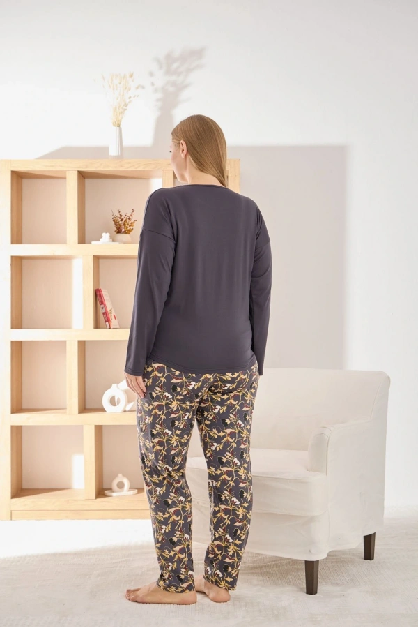 Pijamoni Kadın Büyük Beden Şık Sofia Kumaş Pijama Takımı - Antrasit