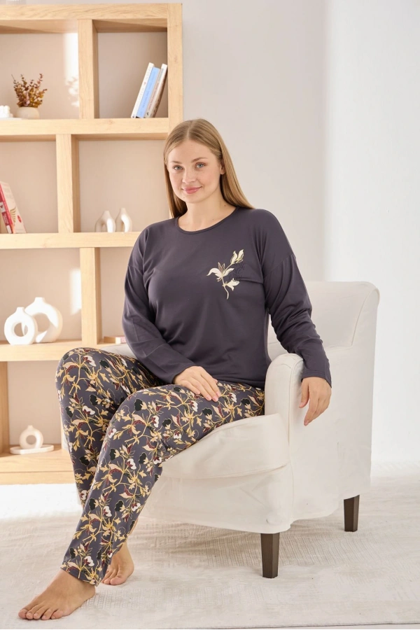 Pijamoni Kadın Büyük Beden Şık Sofia Kumaş Pijama Takımı - Antrasit