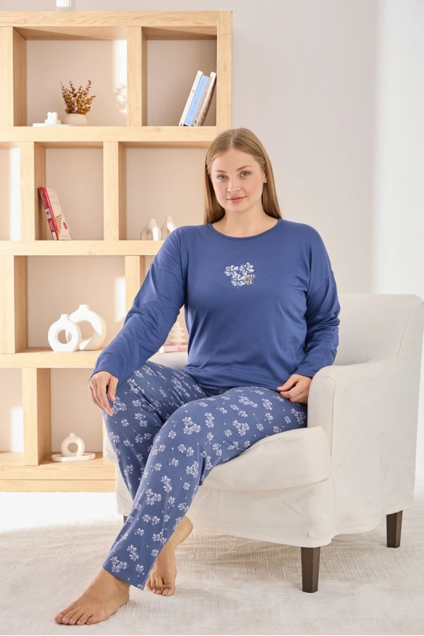 Pijamoni Kadın Büyük Beden Şık Sofia Kumaş Pijama Takımı - Lacivert