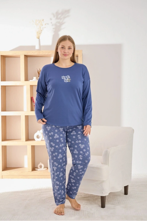Pijamoni Kadın Büyük Beden Şık Sofia Kumaş Pijama Takımı - Lacivert
