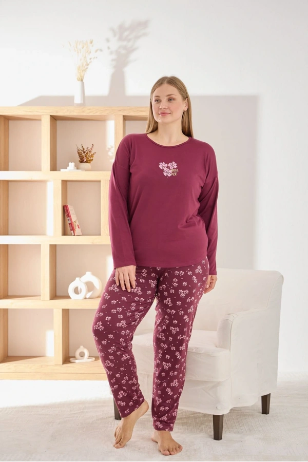 Pijamoni Kadın Büyük Beden Şık Sofia Kumaş Pijama Takımı - Mürdüm