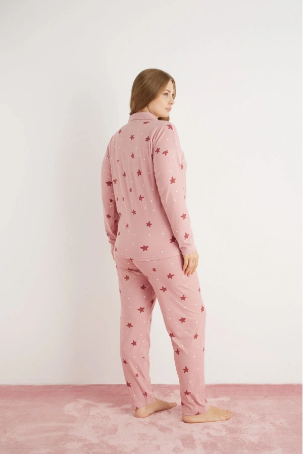 Pijamoni Kadın Büyük Beden Süet Kumaş Önü Düğmeli Şık Pijama Takımı - Gül Kurusu