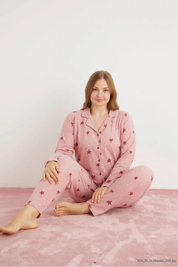 Pijamoni Kadın Büyük Beden Süet Kumaş Önü Düğmeli Şık Pijama Takımı - Gül Kurusu