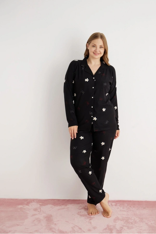 Pijamoni Kadın Büyük Beden Süet Kumaş Önü Düğmeli Şık Pijama Takımı - Siyah