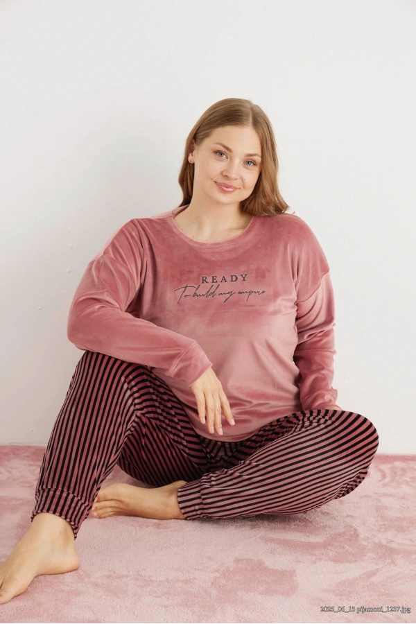 Pijamoni Kadın Büyük Beden Yumuşak Kadife Gül Kurusu Pijama Takımı