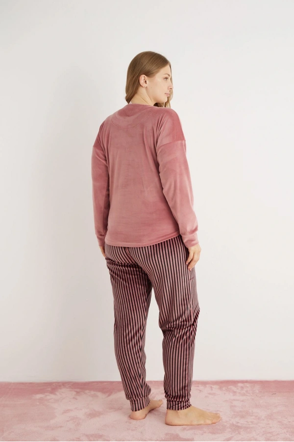 Pijamoni Kadın Büyük Beden Yumuşak Kadife Gül Kurusu Pijama Takımı