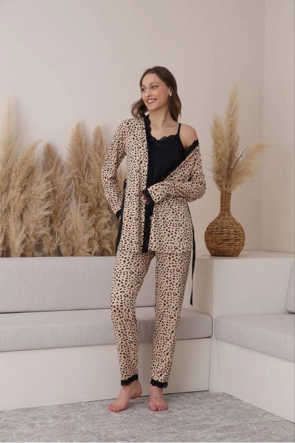 Pijamoni Milan Kumaş Leopar Desenli 3lü Pijama Takımı -7571