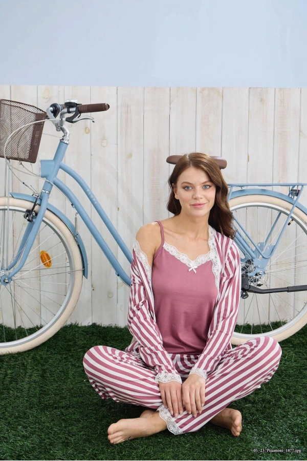 Pijamoni Kadın İpekli Kumaş Sabahlıklı 3’lü Şık Pijama Takımı - Gül Kurusu