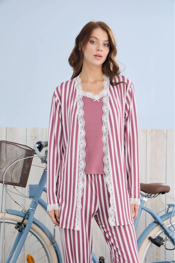 Pijamoni Kadın İpekli Kumaş Sabahlıklı 3’lü Şık Pijama Takımı - Gül Kurusu