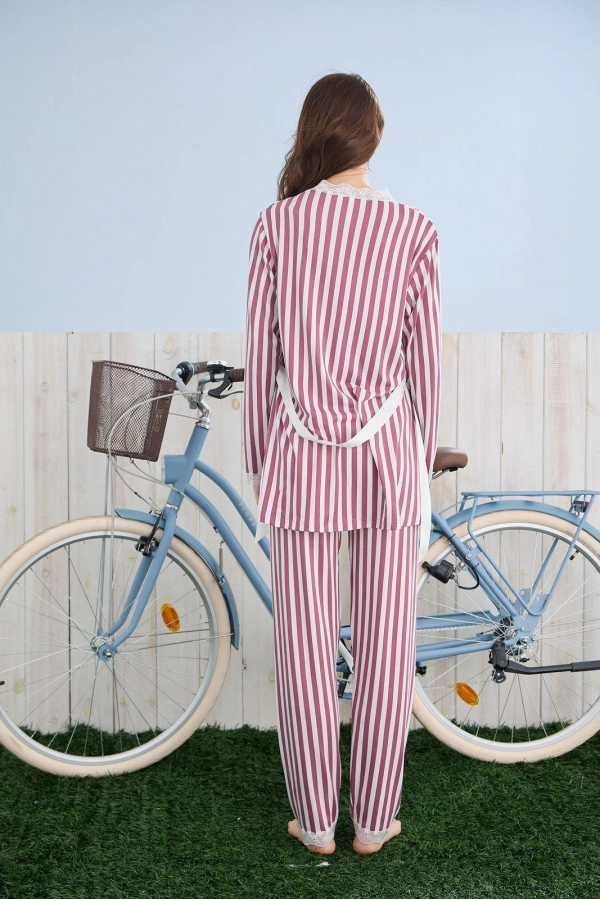 Pijamoni Kadın İpekli Kumaş Sabahlıklı 3’lü Şık Pijama Takımı - Gül Kurusu