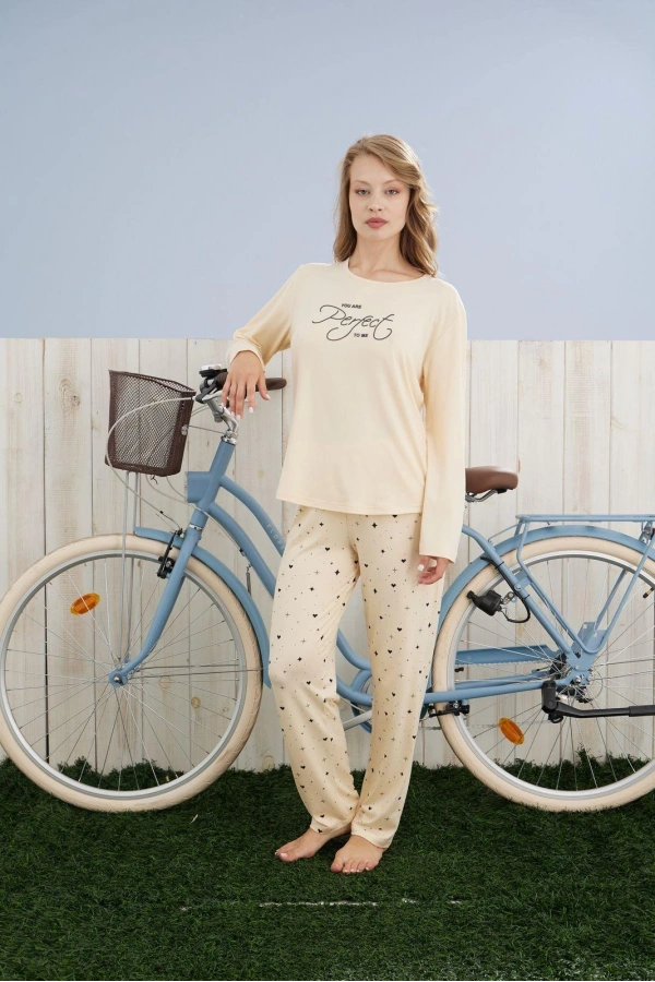 Pijamoni Kadın Milan Kumaş Bisiklet Yaka Sarı Pijama Takımı - 7600