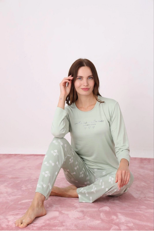 Pijamoni Kadın Milan Kumaş Bisiklet Yaka Su Yeşili Pijama Takımı - 7600