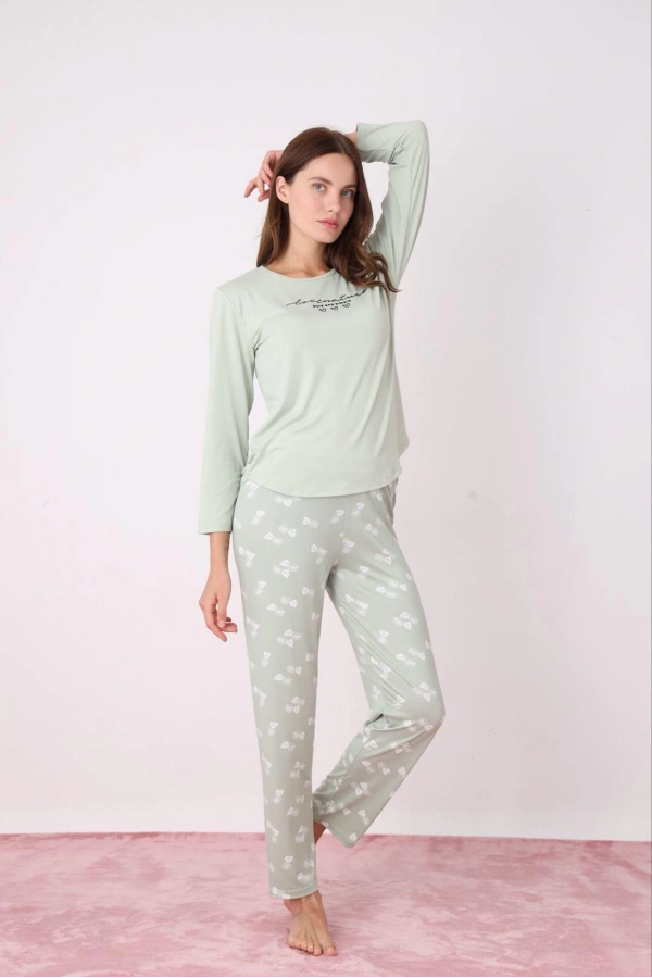 Pijamoni Kadın Milan Kumaş Bisiklet Yaka Su Yeşili Pijama Takımı - 7600