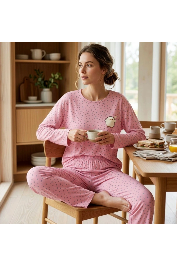 Pijamoni Kadın Milan Kumaş Bisiklet Yaka Uzun Kollu Pijama Takımı