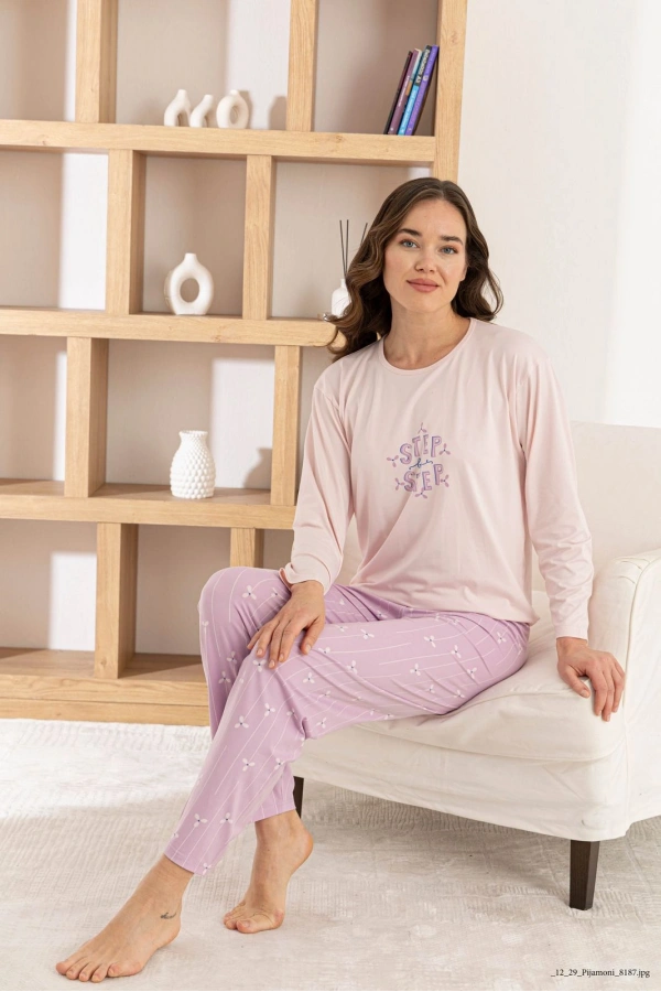 Pijamoni Kadın Milan Kumaş Bisiklet Yaka Uzun Kollu Pijama Takımı