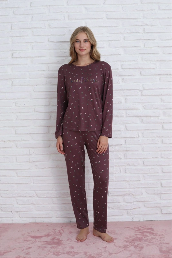 Pijamoni Kadın Milan Kumaş Bisiklet Yaka Mürdüm Pijama Takımı - 7600