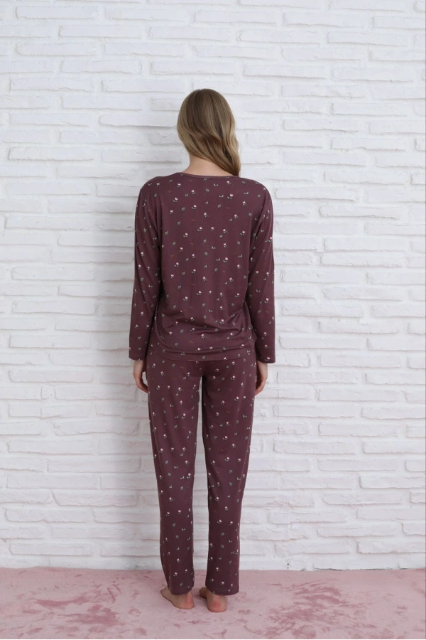 Pijamoni Kadın Milan Kumaş Bisiklet Yaka Mürdüm Pijama Takımı - 7600