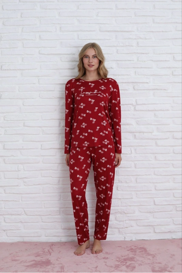Pijamoni Kadın Milan Kumaş Bisiklet Yaka Yaprak Desenli Bordo Pijama Takımı - 7600