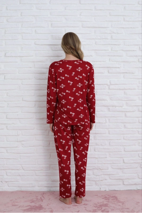 Pijamoni Kadın Milan Kumaş Bisiklet Yaka Yaprak Desenli Bordo Pijama Takımı - 7600