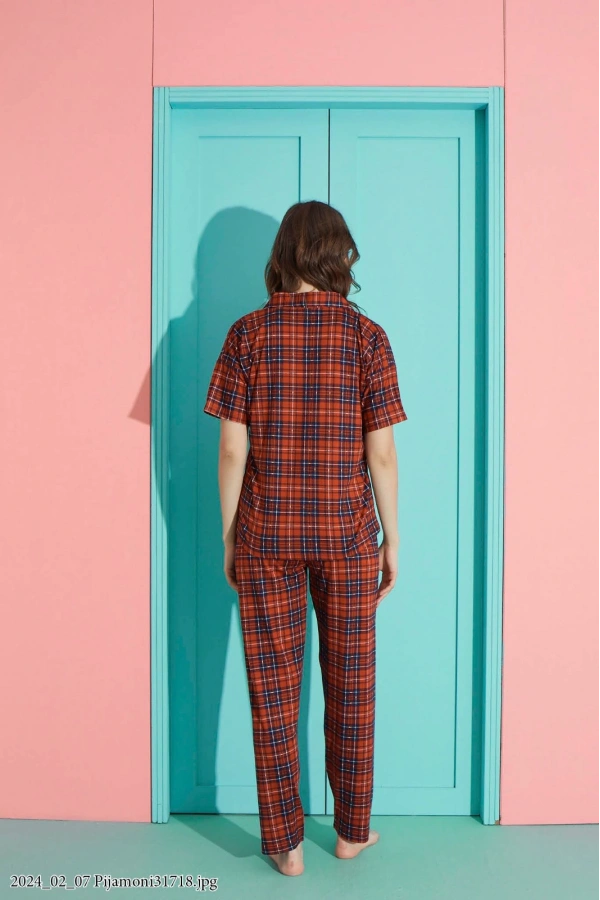 Pijamoni Kadın E. Kırmızı Milan Kumaş Önden Düğmeli Gömlek Yaka Pijama Takımı – 7515