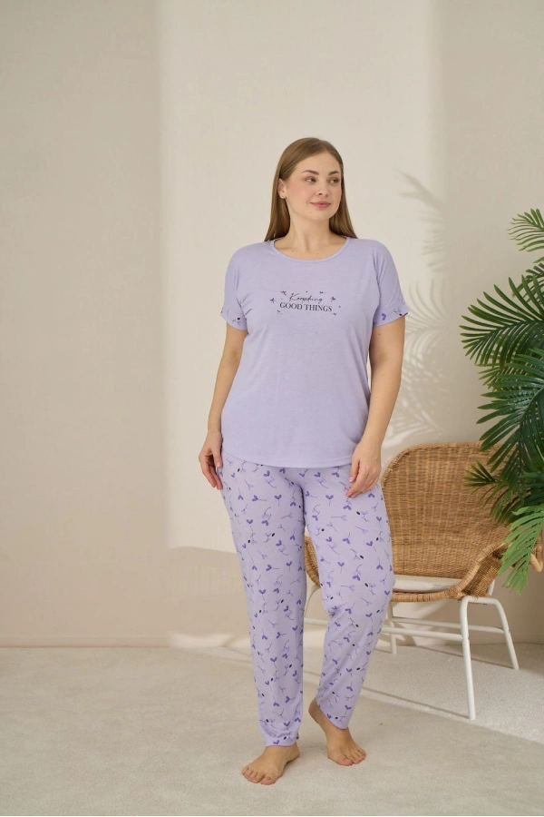 Pijamoni Polyviskon Büyük Beden A. Lila Pijama Takımı - 7340