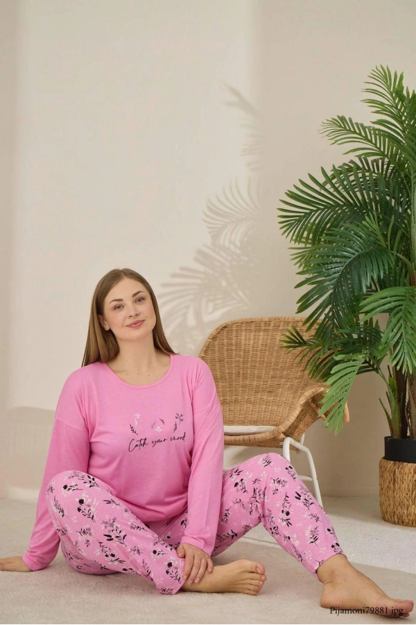 Pijamoni Büyük Beden Viskon Kumaş Uzun Kollu Şeker Pembesi Pijama Takımı -7330