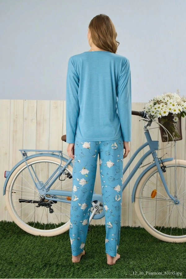 Pijamoni Polyviskon Uzun Kollu Mavi Pijama Takımı - 7300