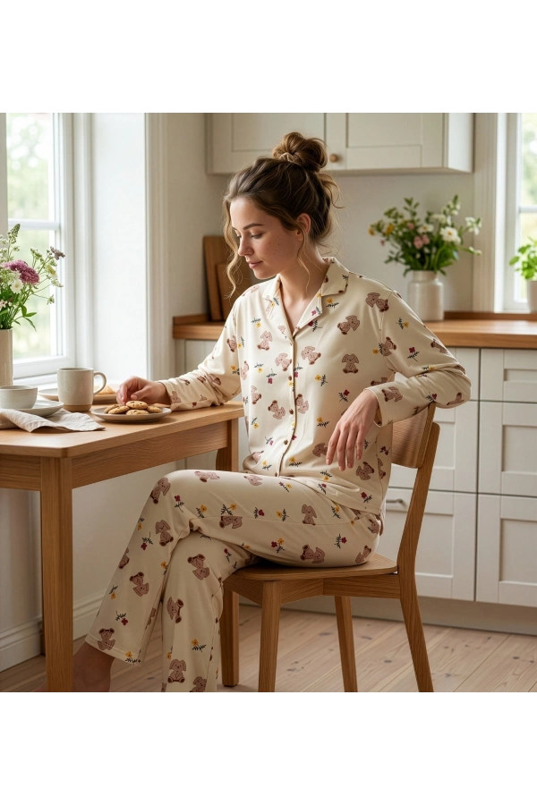 Pijamoni Kadın Premium Milan Kumaş Gömlek Yaka Uzun Kollu Pijama Takımı