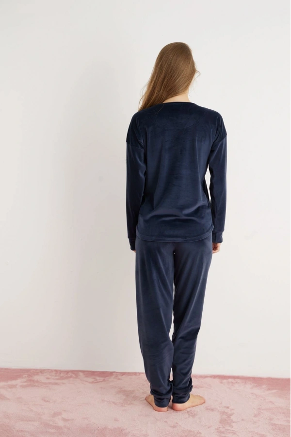 Pijamoni Kadın Yumuşak Kadife Lacivert Pijama Takımı