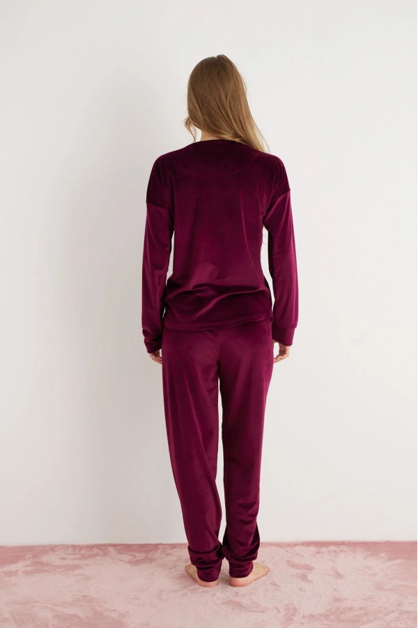 Pijamoni Kadın Yumuşak Kadife Mürdüm Pijama Takımı