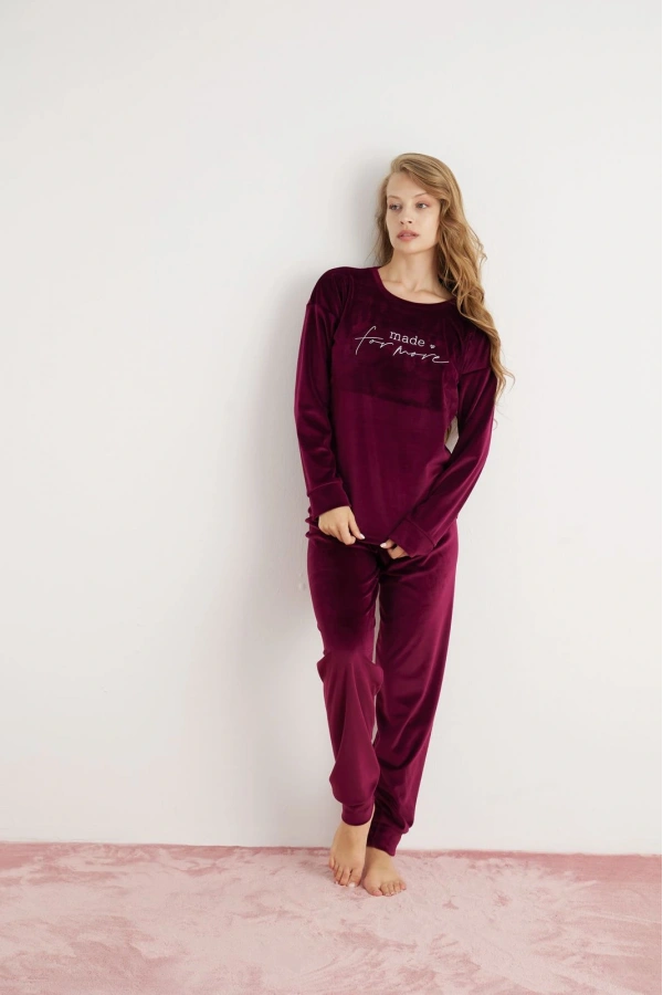Pijamoni Kadın Yumuşak Kadife Mürdüm Pijama Takımı