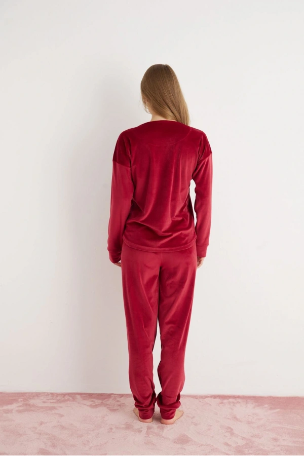 Pijamoni Kadın Yumuşak Kadife Bordo Pijama Takımı
