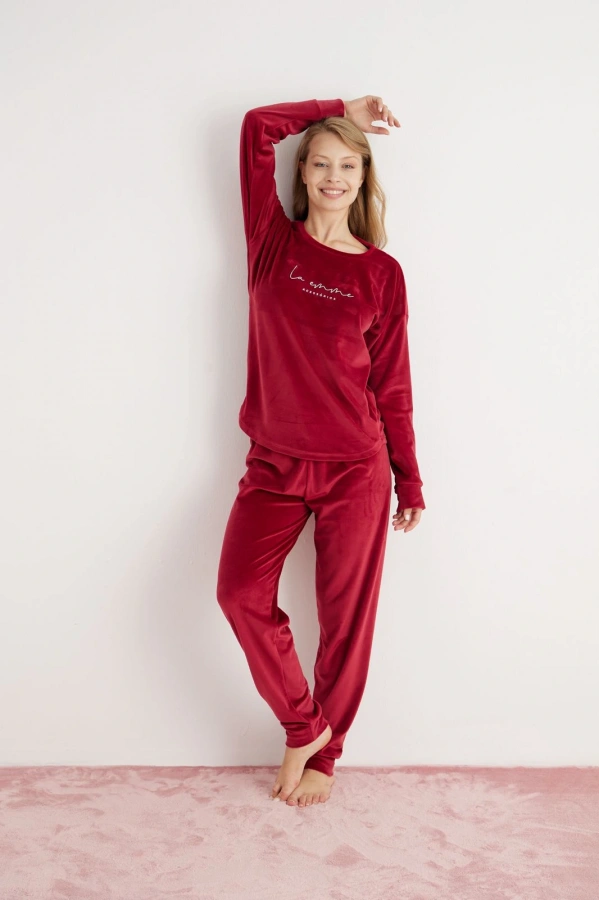 Pijamoni Kadın Yumuşak Kadife Bordo Pijama Takımı