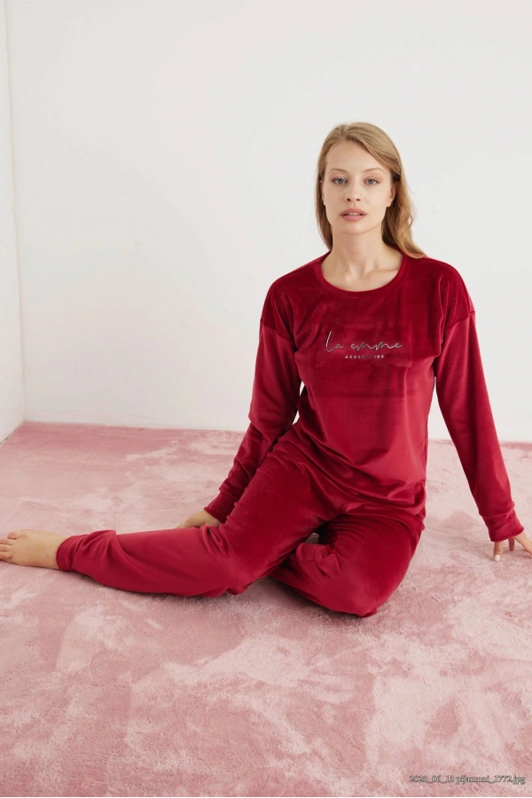 Pijamoni Kadın Yumuşak Kadife Bordo Pijama Takımı