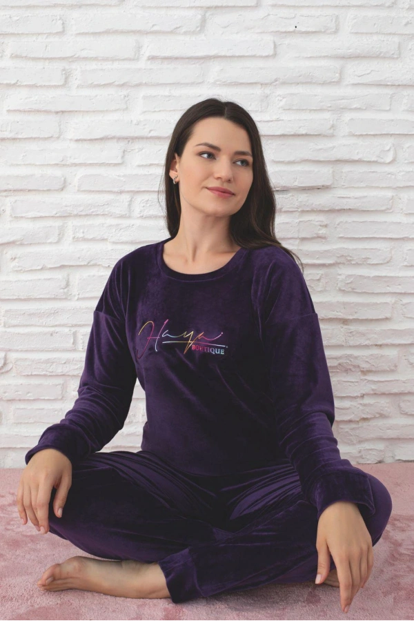 Pijamoni Kadın Yumuşak Kadife Bisiklet Yaka Mor Pijama Takımı