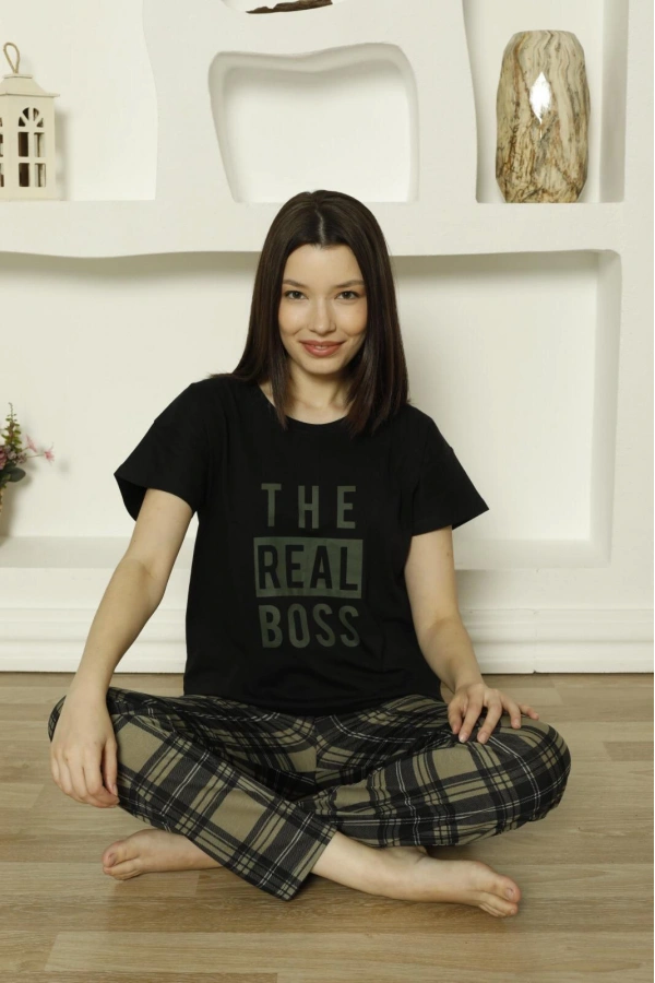 Pijamoni Süprem Kumaş Altı Ekose Desenli Kısa Kollu Kadın Pijama Takımı-6610