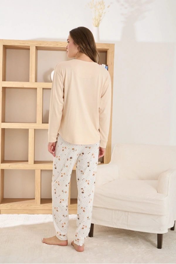 Pijamoni Kadın Termal Kumaş Bisiklet Yaka Ekru Pijama Takımı