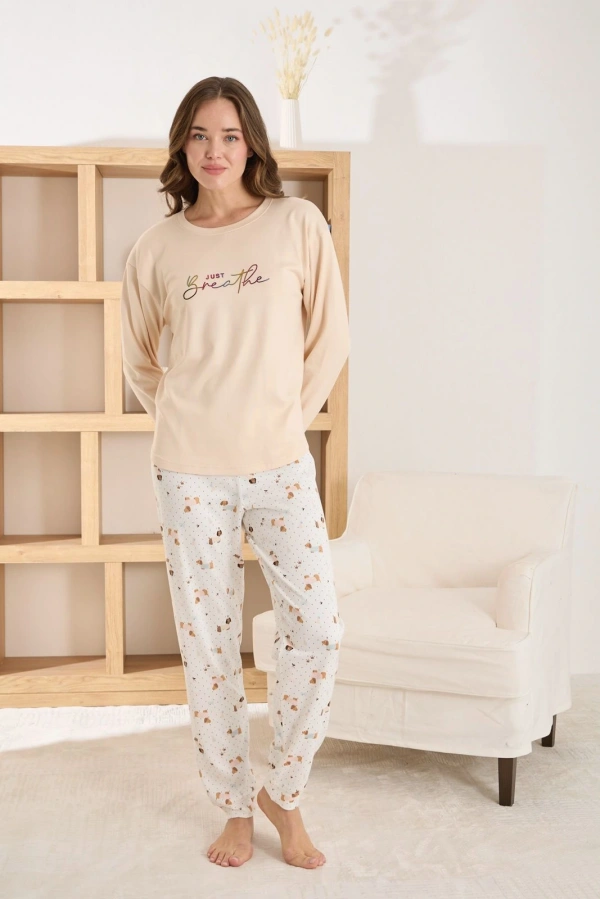 Pijamoni Kadın Termal Kumaş Bisiklet Yaka Ekru Pijama Takımı