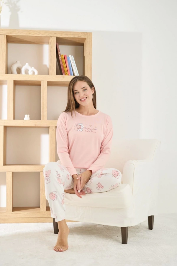 Pijamoni Kadın Termosoft Kumaş Bisiklet Yaka Pembe Pijama Takımı - 7900
