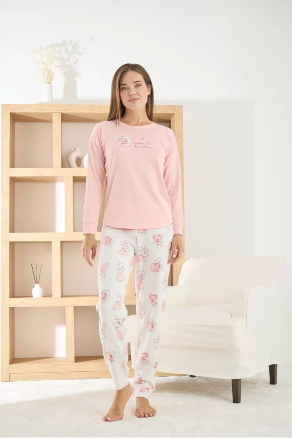 Pijamoni Kadın Termosoft Kumaş Bisiklet Yaka Pembe Pijama Takımı - 7900