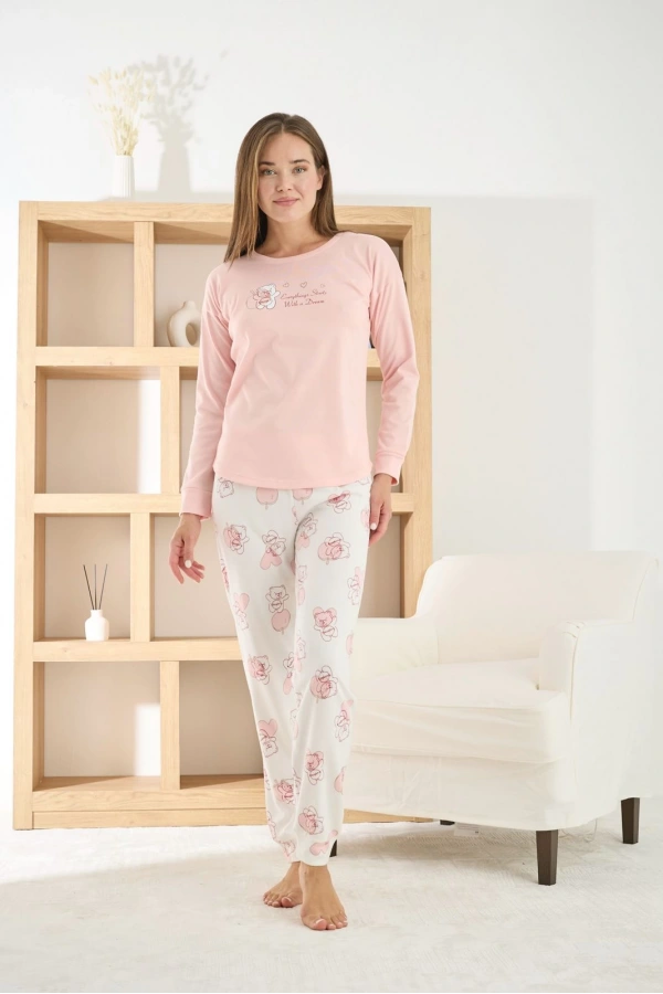 Pijamoni Kadın Termosoft Kumaş Bisiklet Yaka Pembe Pijama Takımı - 7900