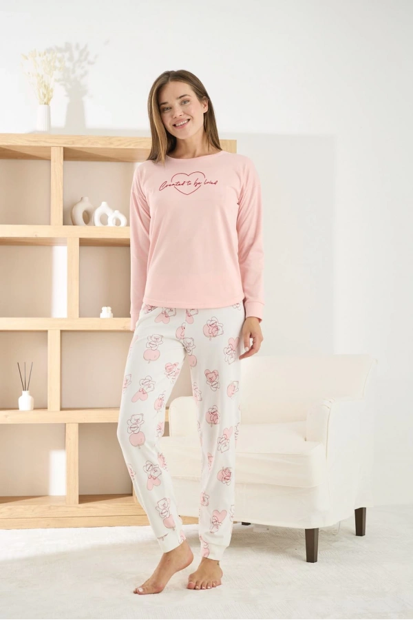 Pijamoni Kadın Termosoft Kumaş Bisiklet Yaka Açık Pembe Pijama Takımı - 7900