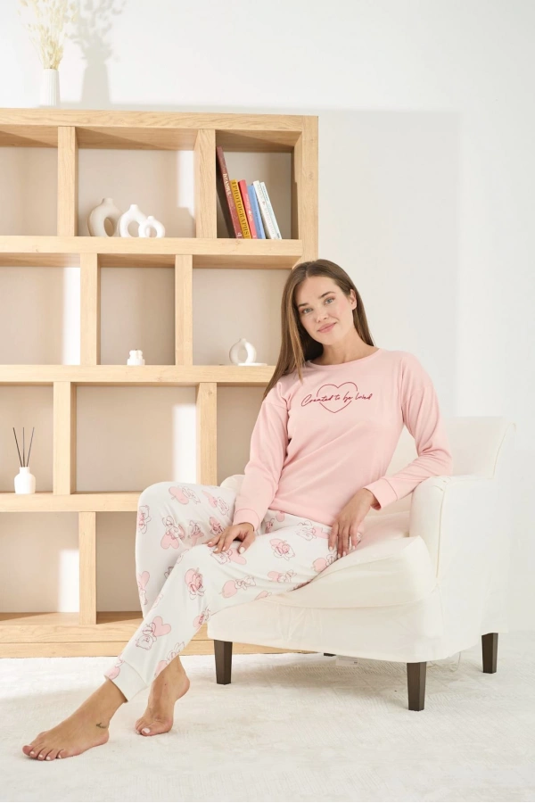 Pijamoni Kadın Termosoft Kumaş Bisiklet Yaka Açık Pembe Pijama Takımı - 7900