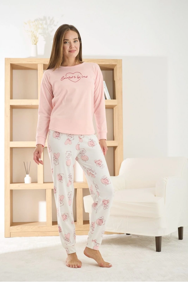 Pijamoni Kadın Termosoft Kumaş Bisiklet Yaka Açık Pembe Pijama Takımı - 7900