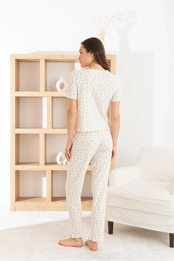 Pijamoni Kadın Kısa Kol Ribana Kumaş Pijama Takımı